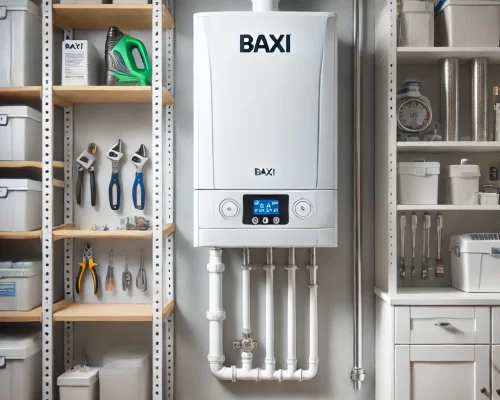 DALL·E 2024-07-15 18.37.44 - A modern Baxi boiler installed in a clean and organized utility room. The boiler is white, sleek, and wall-mounted with digital controls. It has visib