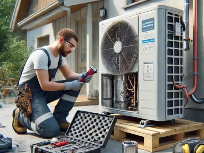 DALL·E 2024-07-20 16.21.45 - A realistic image of a person repairing an Air-Source Heat Pump. The scene shows a technician wearing safety gear and using tools to repair the heat p